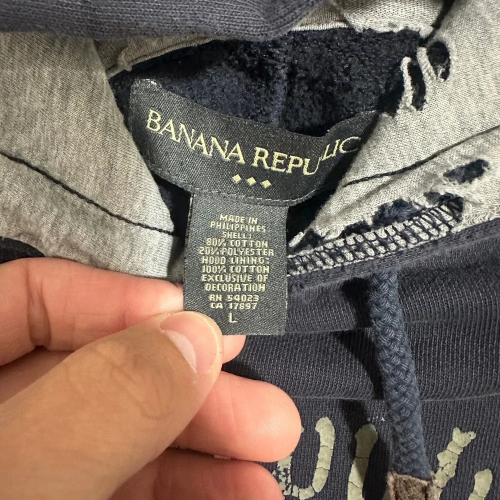 Banana Republic Graphic Pullover Hoodie Distressed Y2K Navy Blue Mens Size L